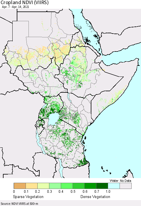 Eastern Africa Cropland NDVI (VIIRS) Thematic Map For 4/7/2021 - 4/14/2021
