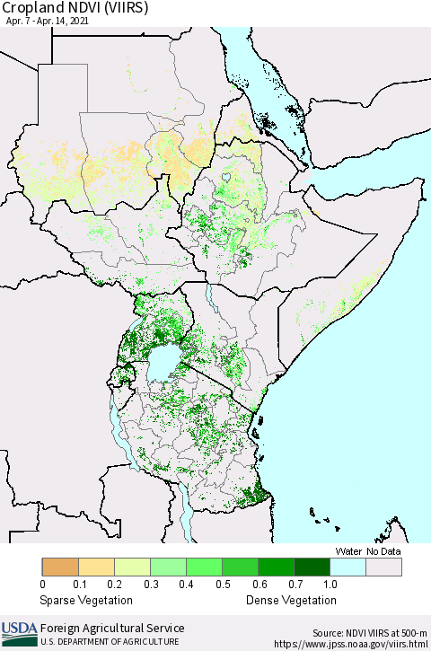 Eastern Africa Cropland NDVI (VIIRS) Thematic Map For 4/11/2021 - 4/20/2021