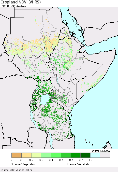 Eastern Africa Cropland NDVI (VIIRS) Thematic Map For 4/15/2021 - 4/22/2021