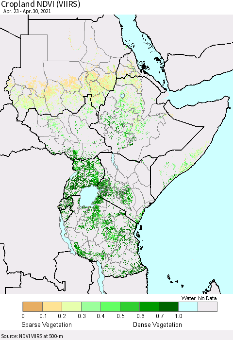 Eastern Africa Cropland NDVI (VIIRS) Thematic Map For 4/21/2021 - 4/30/2021
