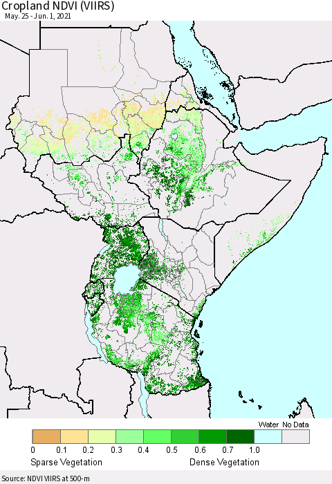 Eastern Africa Cropland NDVI (VIIRS) Thematic Map For 5/25/2021 - 6/1/2021