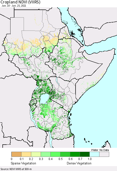 Eastern Africa Cropland NDVI (VIIRS) Thematic Map For 6/18/2021 - 6/25/2021