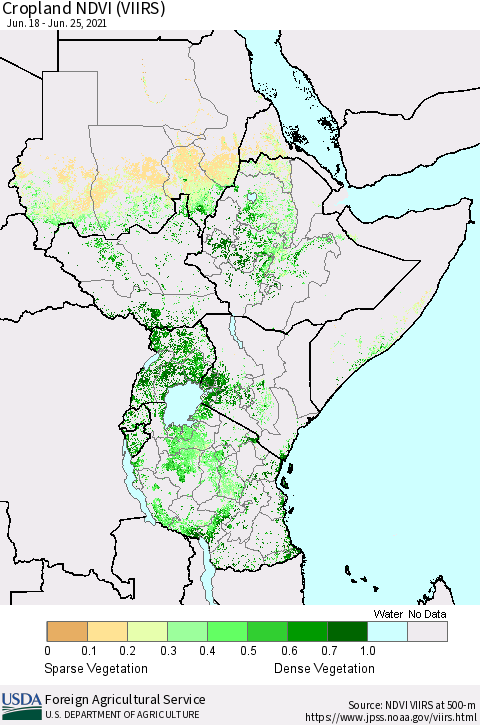 Eastern Africa Cropland NDVI (VIIRS) Thematic Map For 6/21/2021 - 6/30/2021