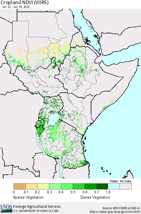 Eastern Africa Cropland NDVI (VIIRS) Thematic Map For 7/11/2021 - 7/20/2021