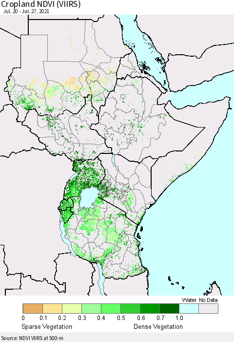 Eastern Africa Cropland NDVI (VIIRS) Thematic Map For 7/20/2021 - 7/27/2021