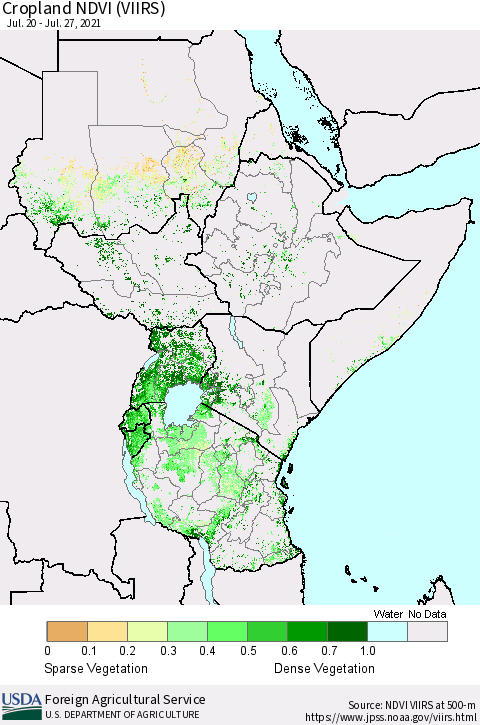 Eastern Africa Cropland NDVI (VIIRS) Thematic Map For 7/21/2021 - 7/31/2021