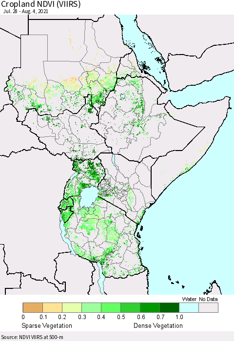 Eastern Africa Cropland NDVI (VIIRS) Thematic Map For 7/28/2021 - 8/4/2021