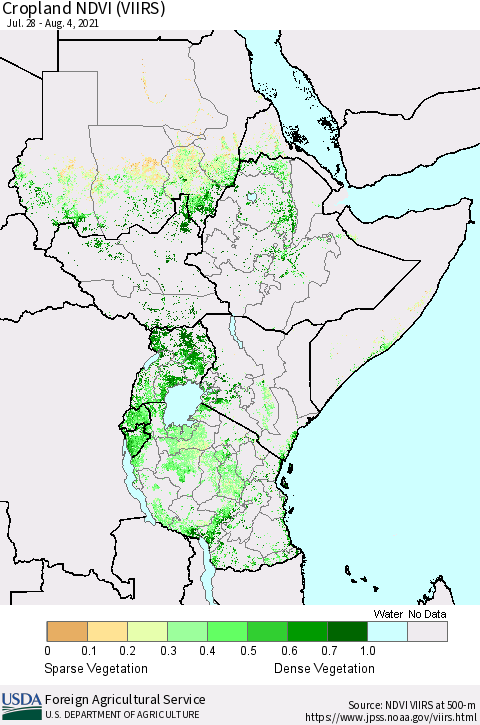 Eastern Africa Cropland NDVI (VIIRS) Thematic Map For 8/1/2021 - 8/10/2021
