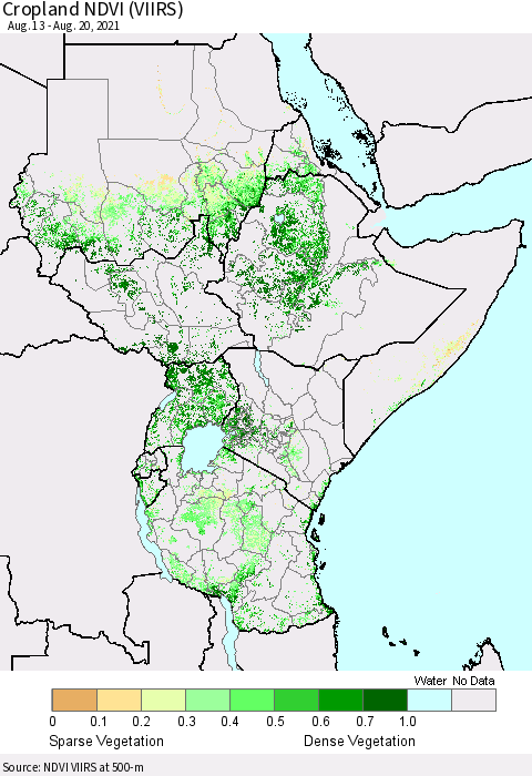 Eastern Africa Cropland NDVI (VIIRS) Thematic Map For 8/11/2021 - 8/20/2021