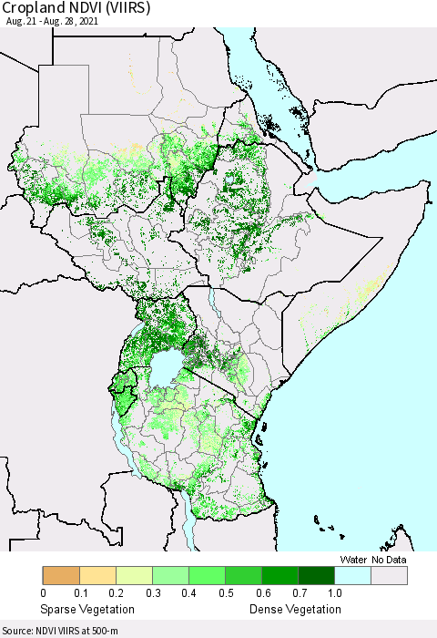 Eastern Africa Cropland NDVI (VIIRS) Thematic Map For 8/21/2021 - 8/28/2021