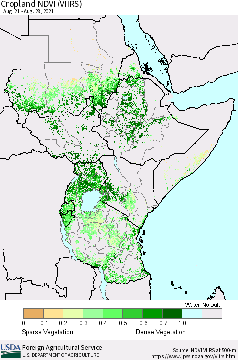 Eastern Africa Cropland NDVI (VIIRS) Thematic Map For 8/21/2021 - 8/31/2021