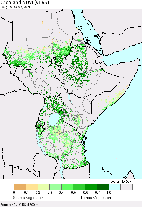 Eastern Africa Cropland NDVI (VIIRS) Thematic Map For 8/29/2021 - 9/5/2021