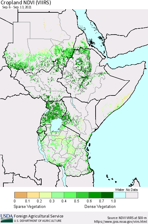 Eastern Africa Cropland NDVI (VIIRS) Thematic Map For 9/11/2021 - 9/20/2021