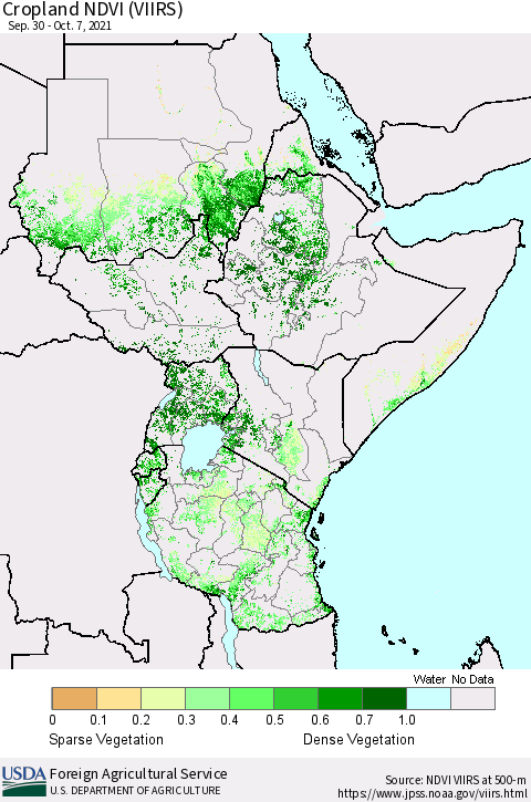 Eastern Africa Cropland NDVI (VIIRS) Thematic Map For 10/1/2021 - 10/10/2021
