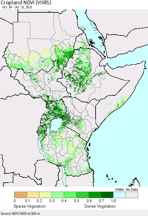 Eastern Africa Cropland NDVI (VIIRS) Thematic Map For 10/21/2021 - 10/31/2021
