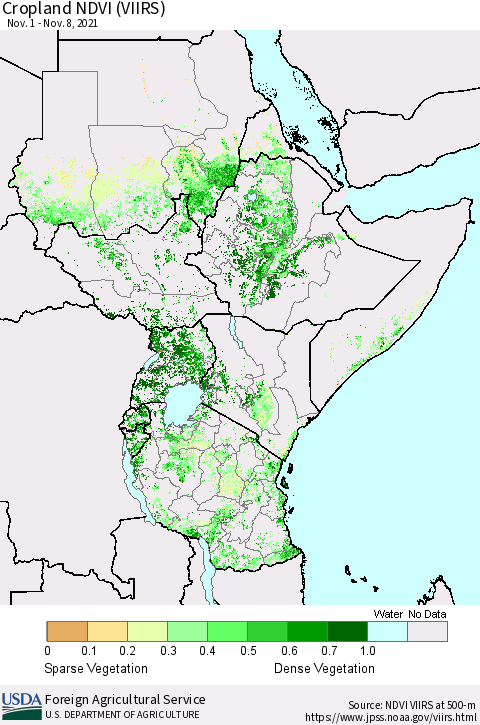 Eastern Africa Cropland NDVI (VIIRS) Thematic Map For 11/1/2021 - 11/10/2021