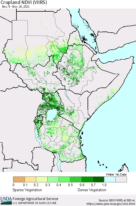 Eastern Africa Cropland NDVI (VIIRS) Thematic Map For 11/11/2021 - 11/20/2021