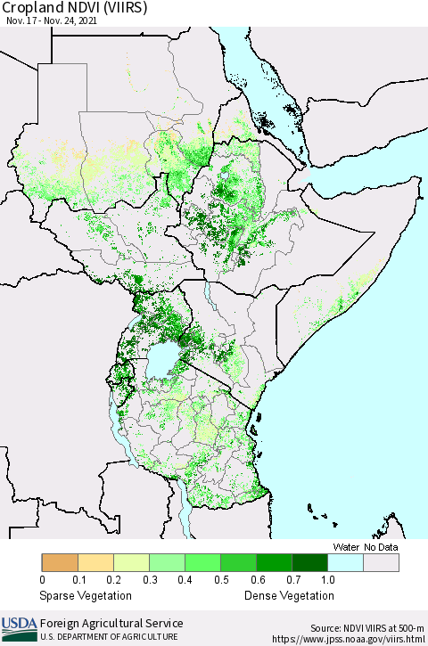 Eastern Africa Cropland NDVI (VIIRS) Thematic Map For 11/21/2021 - 11/30/2021