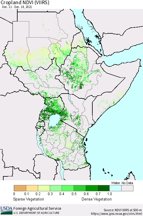 Eastern Africa Cropland NDVI (VIIRS) Thematic Map For 12/11/2021 - 12/20/2021