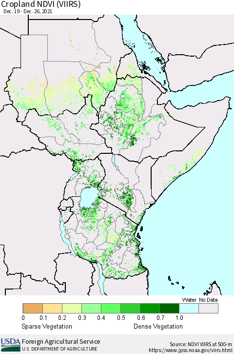 Eastern Africa Cropland NDVI (VIIRS) Thematic Map For 12/21/2021 - 12/31/2021