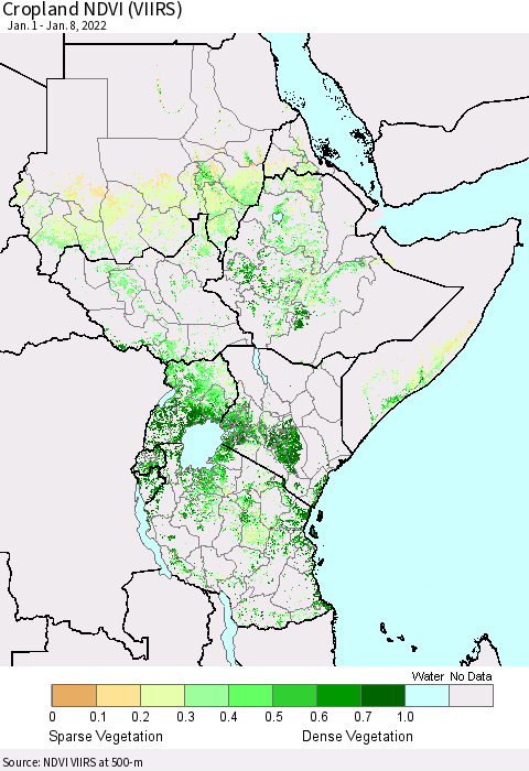 Eastern Africa Cropland NDVI (VIIRS) Thematic Map For 1/1/2022 - 1/8/2022