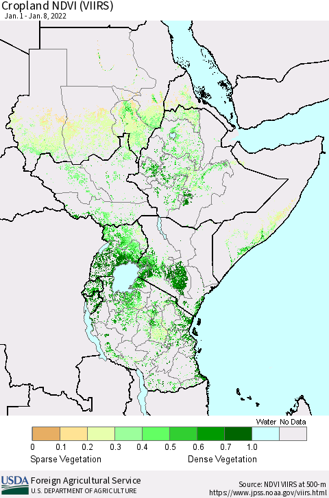 Eastern Africa Cropland NDVI (VIIRS) Thematic Map For 1/1/2022 - 1/10/2022
