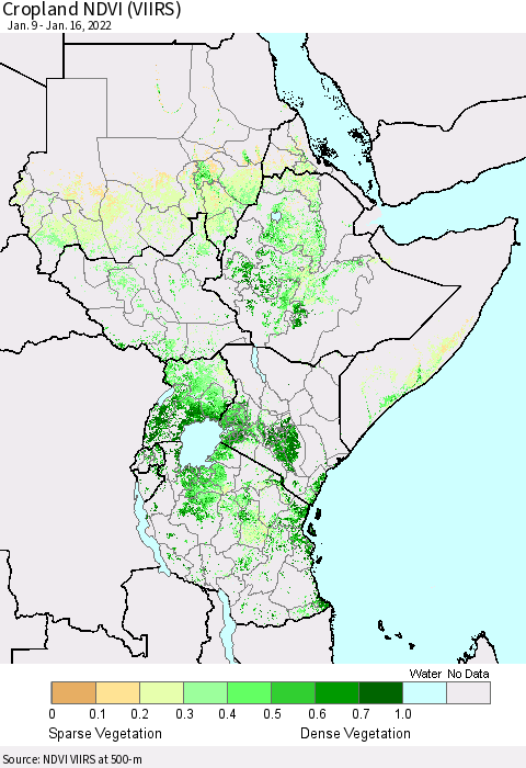 Eastern Africa Cropland NDVI (VIIRS) Thematic Map For 1/9/2022 - 1/16/2022