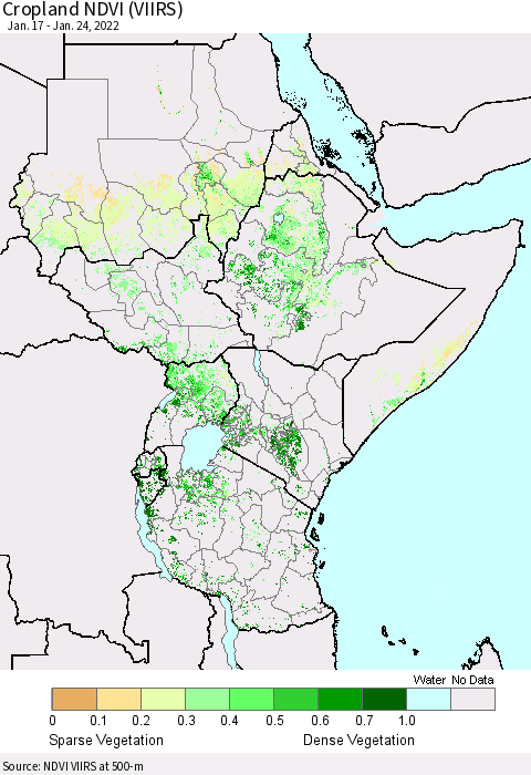 Eastern Africa Cropland NDVI (VIIRS) Thematic Map For 1/17/2022 - 1/24/2022