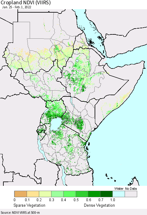 Eastern Africa Cropland NDVI (VIIRS) Thematic Map For 1/25/2022 - 2/1/2022
