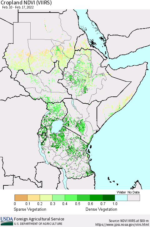 Eastern Africa Cropland NDVI (VIIRS) Thematic Map For 2/11/2022 - 2/20/2022