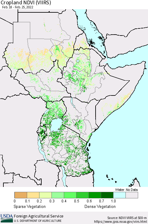 Eastern Africa Cropland NDVI (VIIRS) Thematic Map For 2/21/2022 - 2/28/2022