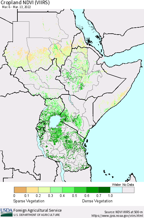 Eastern Africa Cropland NDVI (VIIRS) Thematic Map For 3/11/2022 - 3/20/2022