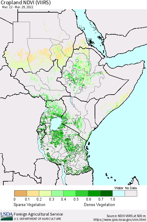Eastern Africa Cropland NDVI (VIIRS) Thematic Map For 3/21/2022 - 3/31/2022
