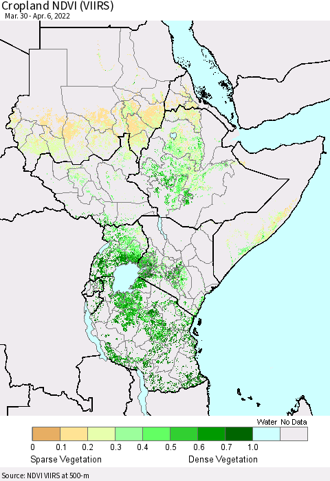 Eastern Africa Cropland NDVI (VIIRS) Thematic Map For 3/30/2022 - 4/6/2022
