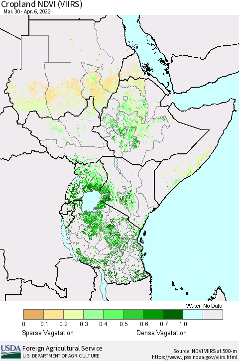 Eastern Africa Cropland NDVI (VIIRS) Thematic Map For 4/1/2022 - 4/10/2022