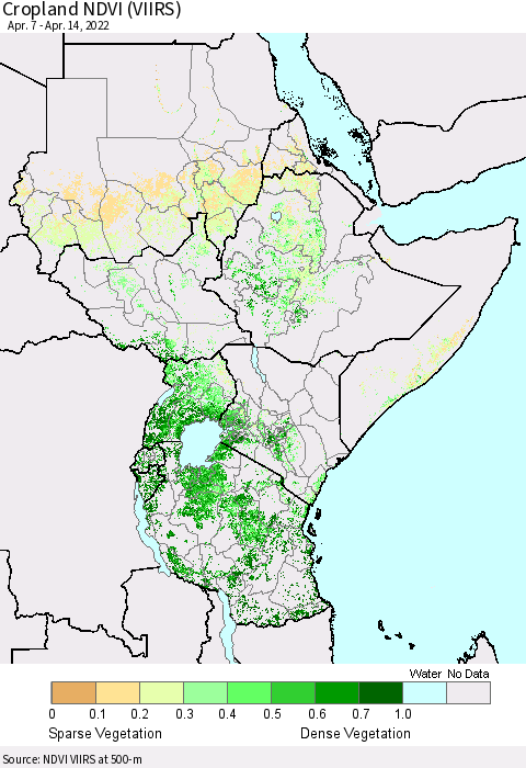 Eastern Africa Cropland NDVI (VIIRS) Thematic Map For 4/7/2022 - 4/14/2022