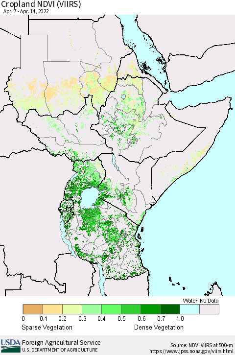 Eastern Africa Cropland NDVI (VIIRS) Thematic Map For 4/11/2022 - 4/20/2022