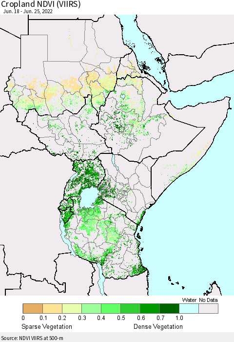 Eastern Africa Cropland NDVI (VIIRS) Thematic Map For 6/18/2022 - 6/25/2022