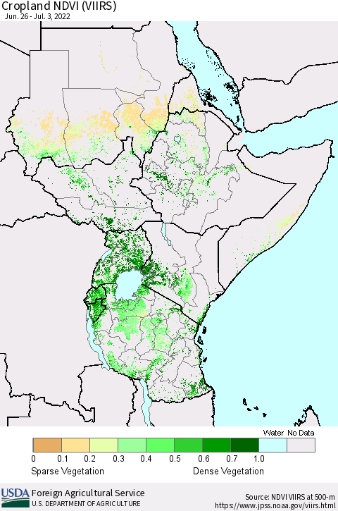 Eastern Africa Cropland NDVI (VIIRS) Thematic Map For 7/1/2022 - 7/10/2022