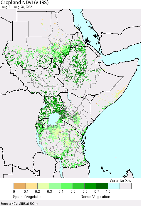 Eastern Africa Cropland NDVI (VIIRS) Thematic Map For 8/21/2022 - 8/28/2022