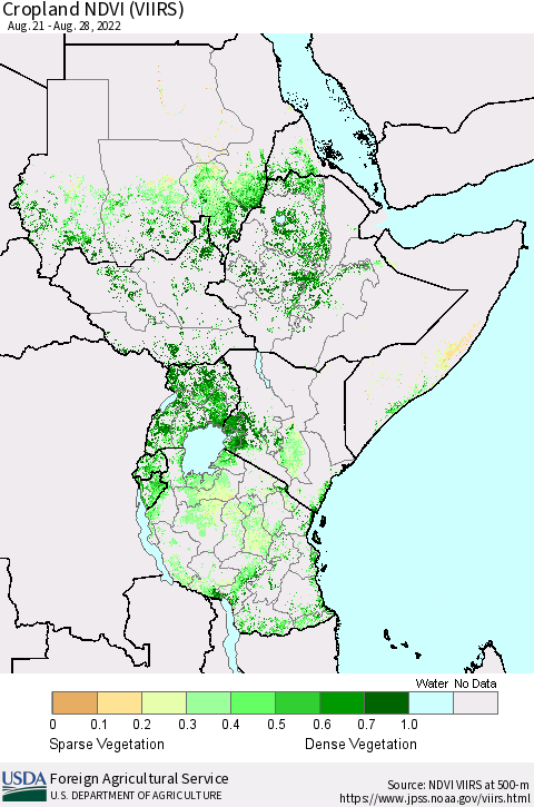 Eastern Africa Cropland NDVI (VIIRS) Thematic Map For 8/21/2022 - 8/31/2022