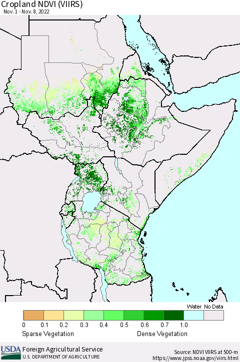 Eastern Africa Cropland NDVI (VIIRS) Thematic Map For 11/1/2022 - 11/10/2022