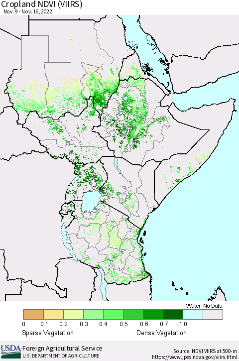 Eastern Africa Cropland NDVI (VIIRS) Thematic Map For 11/11/2022 - 11/20/2022