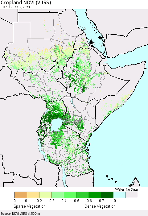 Eastern Africa Cropland NDVI (VIIRS) Thematic Map For 1/1/2023 - 1/8/2023