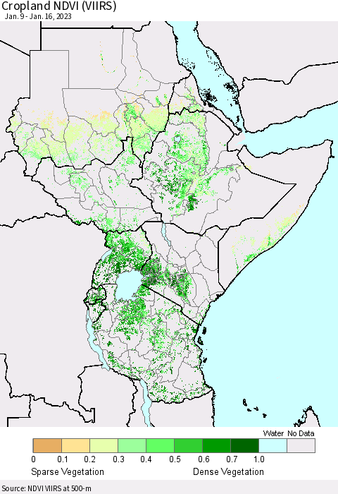 Eastern Africa Cropland NDVI (VIIRS) Thematic Map For 1/9/2023 - 1/16/2023