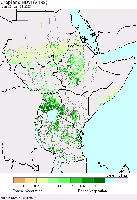 Eastern Africa Cropland NDVI (VIIRS) Thematic Map For 1/17/2023 - 1/24/2023