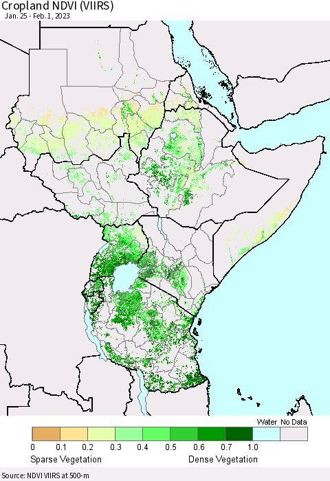 Eastern Africa Cropland NDVI (VIIRS) Thematic Map For 1/25/2023 - 2/1/2023