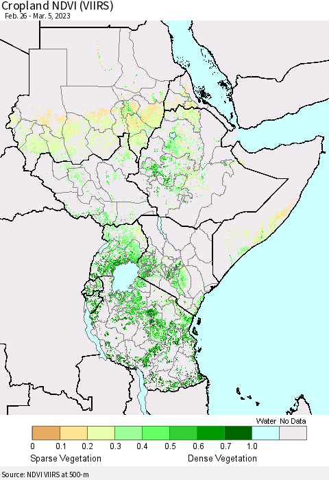 Eastern Africa Cropland NDVI (VIIRS) Thematic Map For 2/26/2023 - 3/5/2023