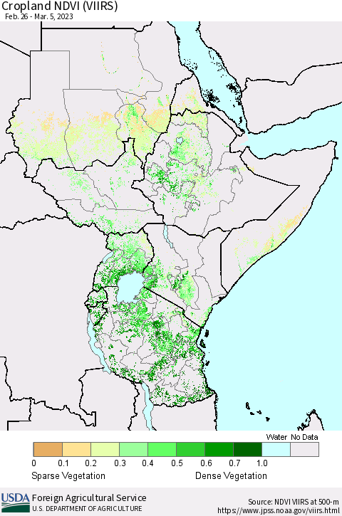 Eastern Africa Cropland NDVI (VIIRS) Thematic Map For 3/1/2023 - 3/10/2023
