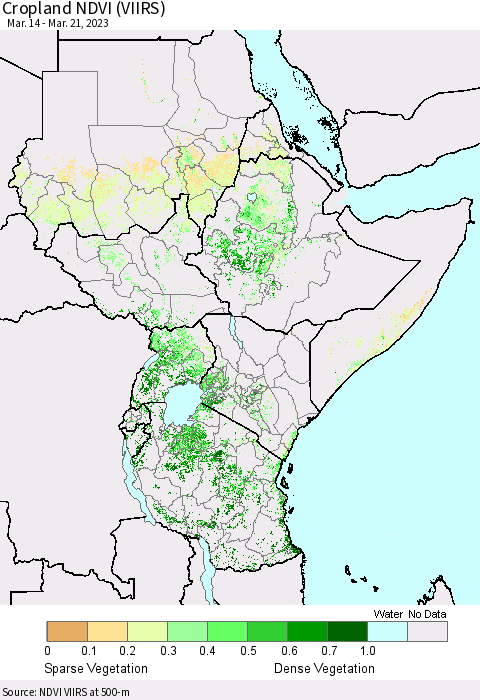 Eastern Africa Cropland NDVI (VIIRS) Thematic Map For 3/14/2023 - 3/21/2023